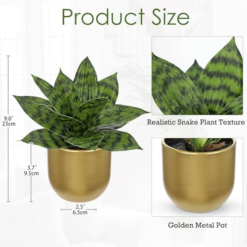 Artificial Snake Plants 9" Faux Agave Succulent Plant Potted in Gold Pot Fake Sansevieria Aloe Tropical Plant for Desk Modern Office Home Bathroom Indoor Outdoor Decor