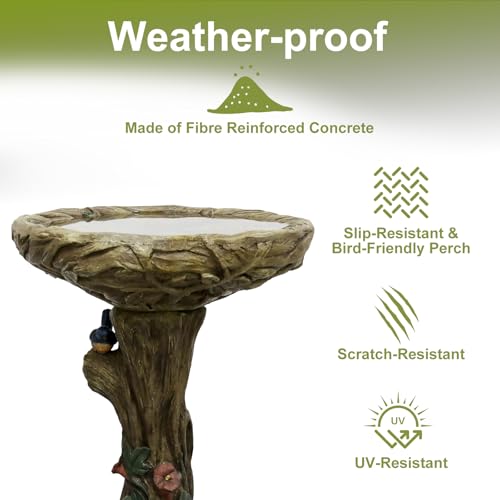 25.5” H Fibre Reinforced Concrete Bird Bath with Birds for Garden (wooden with bird)