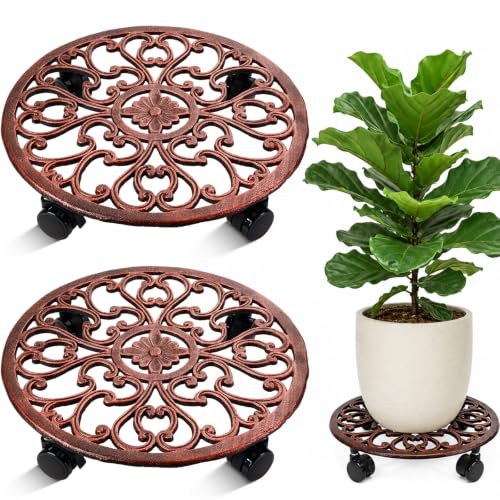 2 Pack 14 In Rolling Plant Stand with Wheels Metal Plant Caddy with Wheels (14 inch: 2 pcs / Antique Bronze)