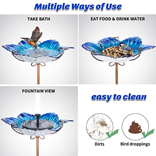 Glass Bird Bath Outdoor Birdfeeder Blue Flower Bowl with Metal Stake