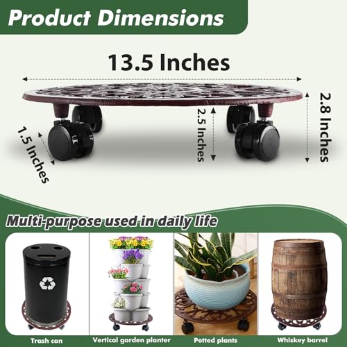 3 Packs 14 Inch Rolling Plant Stand with Wheels Metal Plant Caddy with Wheels Heavy Duty Round Plant Stand Indoor Iron Plants Rollers for Plants (14 inch: 3 pcs / Brown)