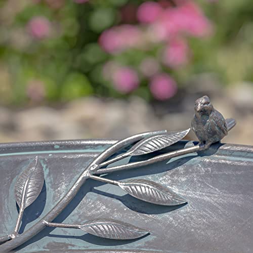 Deep Well Made Metal Birdbath with 2 Cast Iron Birds and Leaf Decoration