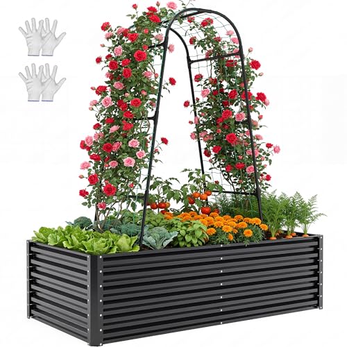 6x3x2ft Galvanized Raised Garden Bed with Tall Arch Trellis (Black / 6x3x2ft W/ Trellis)