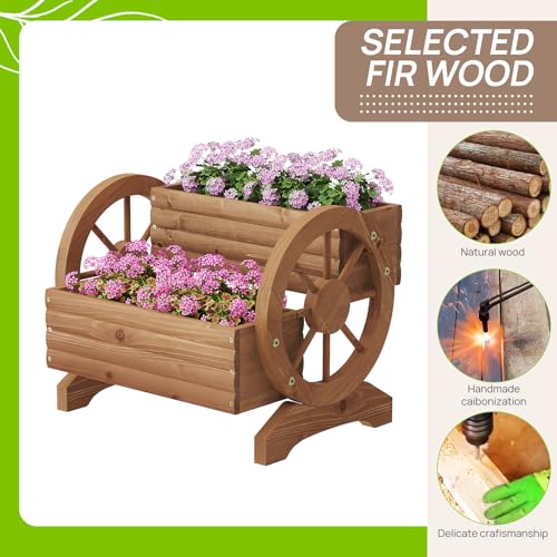Wood Wagon Planter for outdoor Plants Cute Garden Flower Pots Cart Porch (Brown-large)