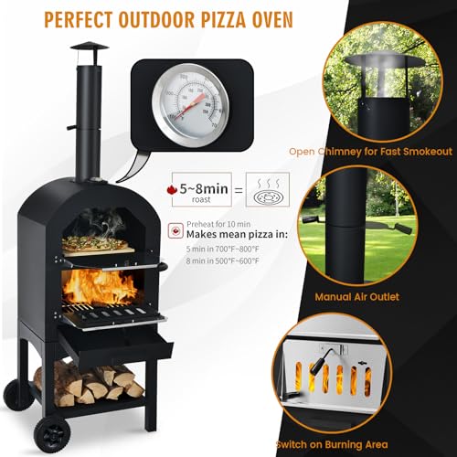 Outdoor Pizza Oven Wood Fired with Wheels & Built