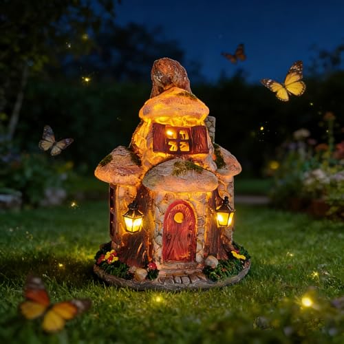 Fairy Garden House Statue with Solar LED Lights (Mossy Gnome Cottage)