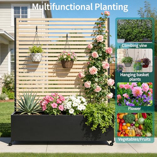 Metal Planter Box with Trellis Privacy Screen (Wood Grain / 73"x 47"x 16")
