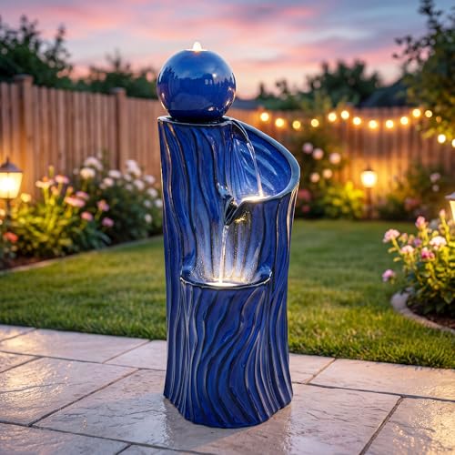32"Ceramic 3 Tier Sphere Outdoor Water Fountain (Blue Wave Texture Cobalt 32"h-sphere)