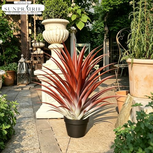 Hyper Realistic Big Red Artificial Aloe Vera Plant 26 Inches Tall. Large Faux Agave in Matte Black Pot