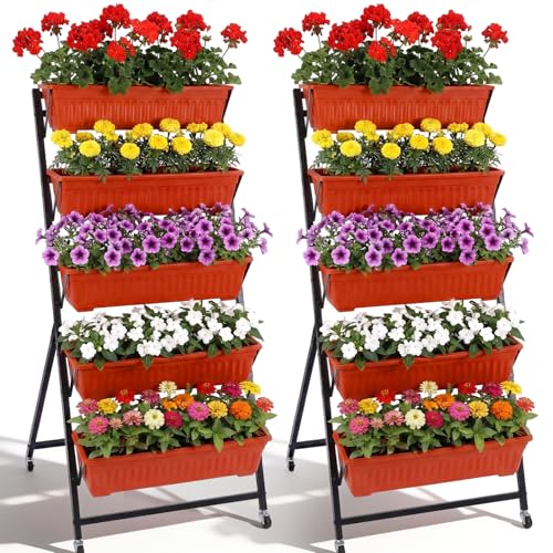 2 Pack 5 Tier Vertical Garden Planter with Wheels 4.5 ft Raised Garden Bed for Strawberry Herb Vegetable Flower Stackable Planter Boxes with Drainage for Patio Indoor Outdoor (14 Count)