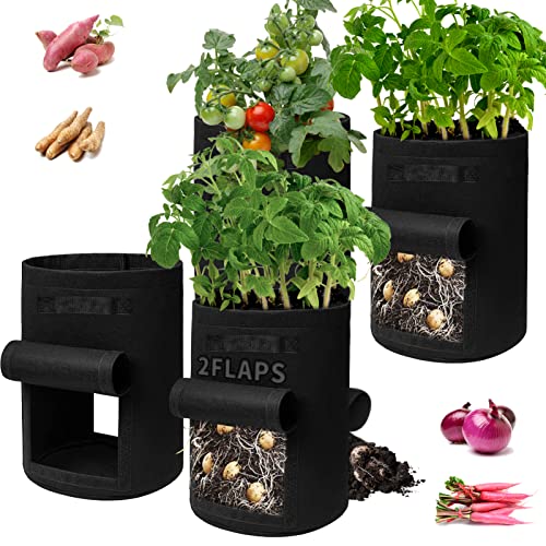 4-Pack 15-Gallon Grow Bags with 2 Flaps and Reinforced Handles,Non-Woven Potato Grow Bags, Heavy-Duty Thickened Aeration Fabric Pots for Potatoes, Tomatoes, Flowers, and Vegetables (4 Count)