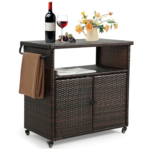 Outdoor Bar Cart with Storage Cabinet (09-brown)