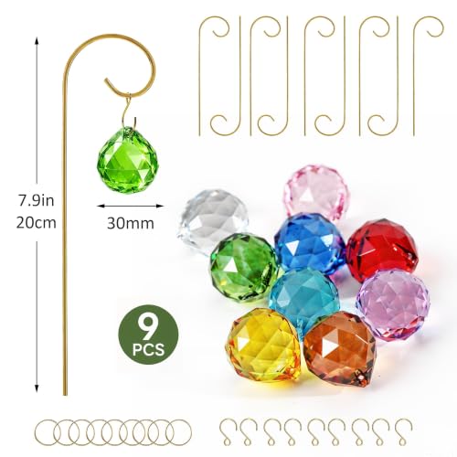 9PCS Small Trellis with 30mm Colorful Crystal Ball Prism for Potted Plants (9pcs-Gold-30mm Colorful Ball Prism)