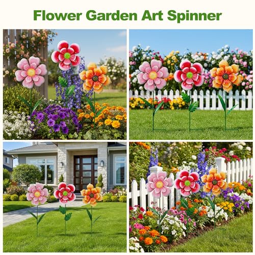 3pcs Flowers Yard Wind Spinners Outdoor Decoration Stakes Lawn Ornaments (Orange, Pink, Green)