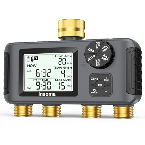 4 Zones Sprinkler Timer with Brass Inlet & Outlet (Grey Black / 4 Outlets)