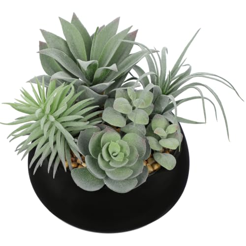 Artificial Succulents in Pots Fake Plants Faux Succulent Flowers Arrangement Potted Plant in Vase Black Ceramic Planter Bowl Office Desk Bathroom Shelf Indoor Outdoor Home Decor (Sage Green)