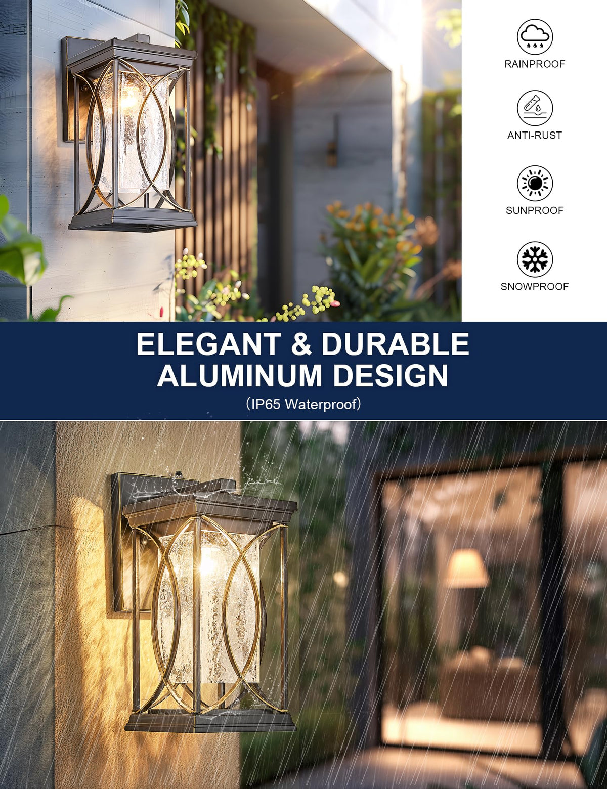Dusk to Dawn Outdoor Wall Light Black with Gold Trim Modern Exterior Sconce Aluminum Waterproof Coach Light Fixture with Crack (Black and Gold-L)