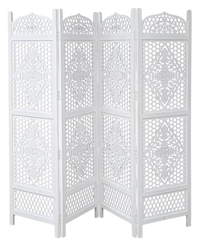 Room Divider Wooden Foldable Hand Carved Screens Panel_80" Wx72 H_4Panel (Antique White / 80"W x 72"H - Minar)
