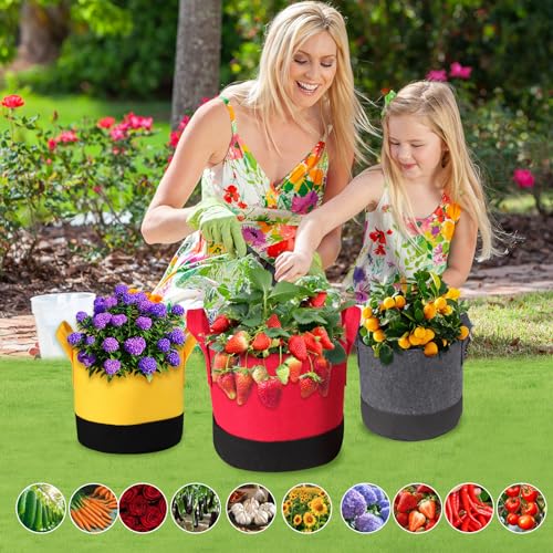 6-Pack 5/7/10 Gallon Grow Bags - 350G Heavy Duty Fabric Pots with Handles, Multi-Size Planter Bags for Potatoes Tomatoes Vegetables Fruit Flowers Herbs (6 Count)