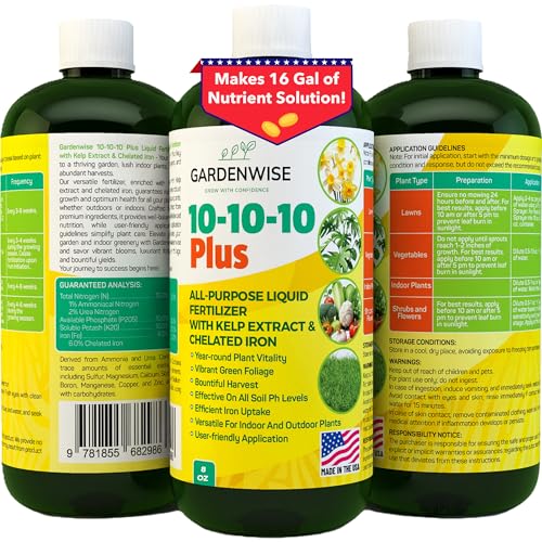 10-10-10 All Purpose Plant Food - Liquid Fertilizer with Seaweed Kelp & Iron - Indoor & Outdoor Plant Food, Vegetables, Flowers, Lawn & Garden 1x8oz (8 Ounce)