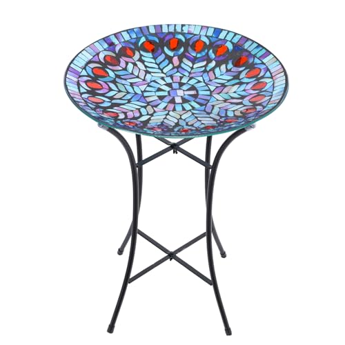 Mosaic Glass Bird Baths with Metal Stand for Garden Decor