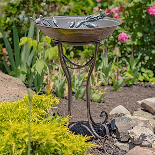 Deep Well Made Metal Birdbath with 2 Cast Iron Birds and Leaf Decoration