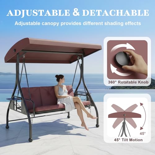 3 Seat Patio Porch Swing with Adjustable Canopy and Stand (Brown / with cup holder)