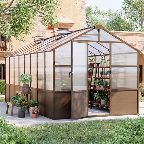 8x16 FT Wooden Walk in Polycarbonate Greenhouse for Outdoors (Brown / 8x16 FT)