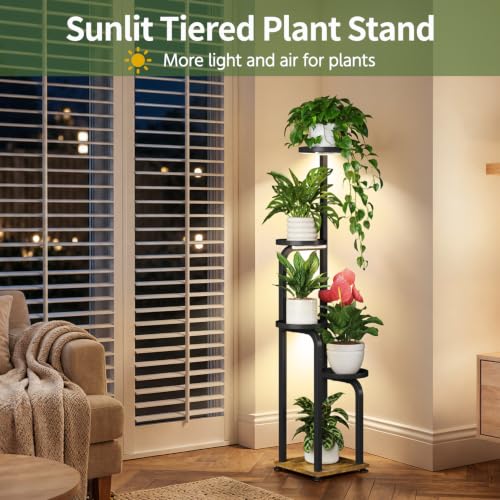 Plant Stand Tall for Indoor Corner with Grow Lights (Metallic Black with Light / 5 Tier)