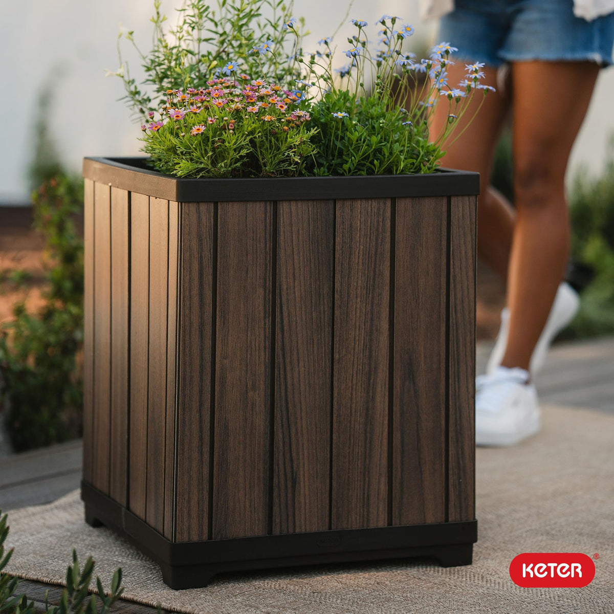 Signature 21.6 Inch Tall Square Large Wood Look Planter for Indoor or Outdoor Flower Pot Ideal for Patio Deck and Front Porch Decor