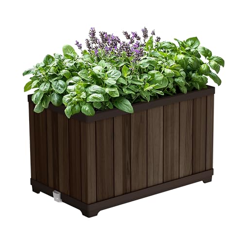 Signature 21.7 Inch Tall Rectangular Large Wood Look Planter for Indoor or Outdoor Flower Pot Ideal for Patio Deck and Front Porch Decor