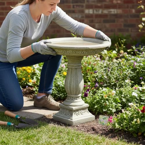 23.8 Inch High Concrete Bird Bath with Carved Pedestal