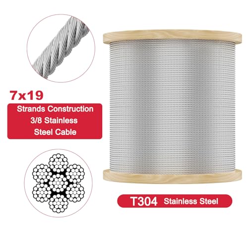 3 8 Stainless Steel Cable with 7x19 Strands and 12000lbs Breaking Strength 304 Stainless Steel Wire Rope for Aircraft Cable 150FT (150 Foot)
