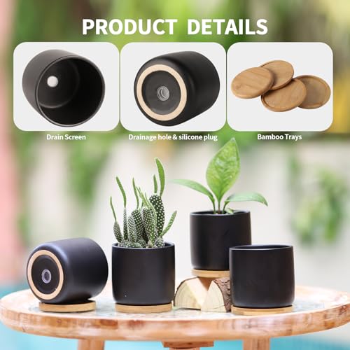 4" Ceramic Plant Pots with Drainage Holes & Trays Black Set of 4 (4 Count)