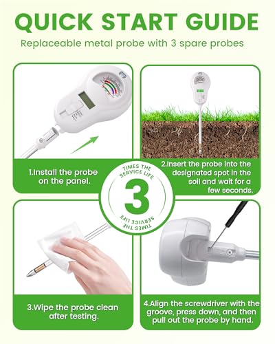 6-in-1 Soil Moisture Meter with 3 Probes, PH/Sunlight/Soil Moisture/Fertility with 3 Removable Probe, Digital Air Temp/Humidity, Soil Tester for Garden, Lawn, Indoor and Outdoor Plants (3 Count)