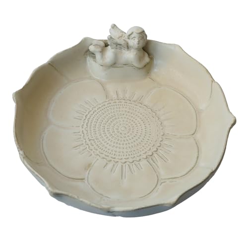 Ceramic Heavy Duty Ground Wild Bird Bath Bowl or Feeder for Outdoor Garden (Angel_beige)