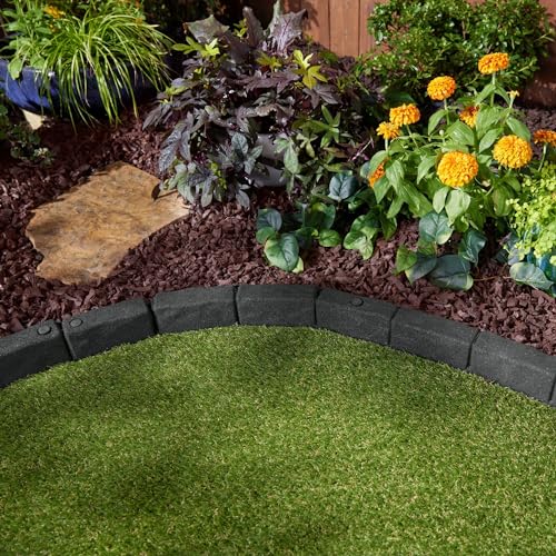 4' Rubber Cobblestone Flexible No Dig Landscape Mulch Border Edging with Anchoring Spikes for Lawns (6 Edgers)