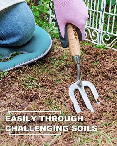 Garden Fork Hand Tool Small Weeding Fork 12 Inch with 3 Pointed Tines Wood Handle for Gardening Weeding Cultivating Digging Planting Transplanting Aerating Loosening Hard Soil
