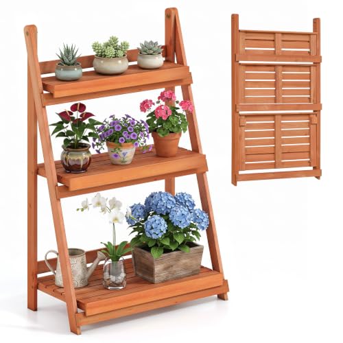 Foldable Wooden Plant Stand (Orange / 24"x13"x37")