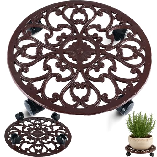 1 Packs 14 Inch Rolling Plant Stand with Wheels Metal Plant Caddy with Wheels Heavy Duty Round Plant Stand Indoor Iron Plants Rollers for Plants (14 inch: 1 pcs / Brown)