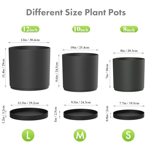 12/10/8 inch Large Deep Plant Pots, 3 Pack Tall Cylinder Flower Pots for Outdoor Indoor Plants, Plastic Planters with Drainage Holes and Saucers for Garden Porch House Plants, Black (Black / 12"+10"+8")