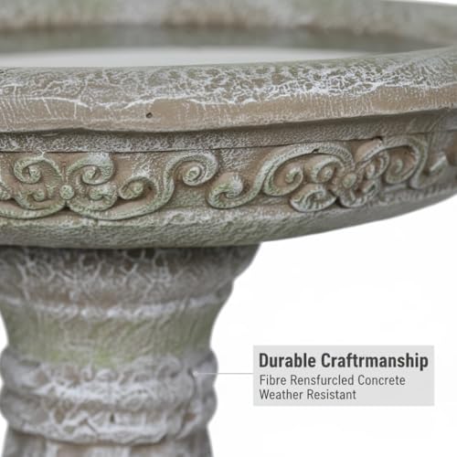 23.8 Inch High Concrete Bird Bath with Carved Pedestal