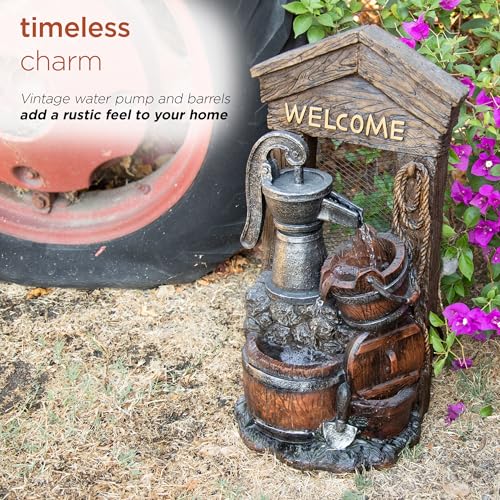 ZEN576S Outdoor Rustic Design Water Pump and Barrel Floor Fountain