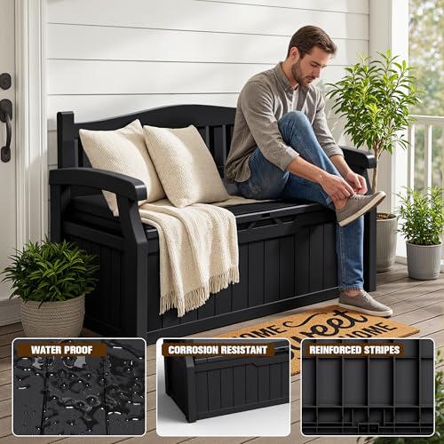 80 Gallon Resin Outdoor Storage Bench with Cushion. Waterproof (Black / 80 Gal with Cushion)