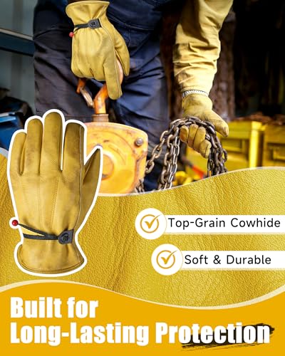 Adjustable Cowhide Leather Work Gloves for Men 1 Pair Golden M