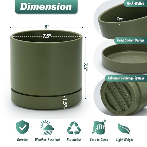 8 Inch Planter Pot with Drainage Hole & Saucer (8" (1 Pack) / Olive)
