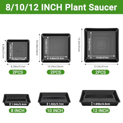 8/10/12 Inch Square Tray, 6 Packs Heavy Duty Plastic Plant Plates to Catch Water, Plant Drip Trays No Holes(Black) (8"/10"/12" / Black)