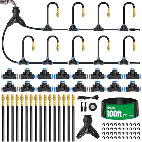 1 4" 100Ft Drip Irrigation System for Garden with 16pcs 360°Adjustable Brass Nozzles & Bendable Rod (100 Foot)
