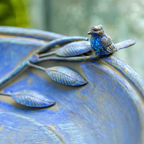 Deep Well Made Metal Birdbath with 2 Cast Iron Birds and Leaf Decoration