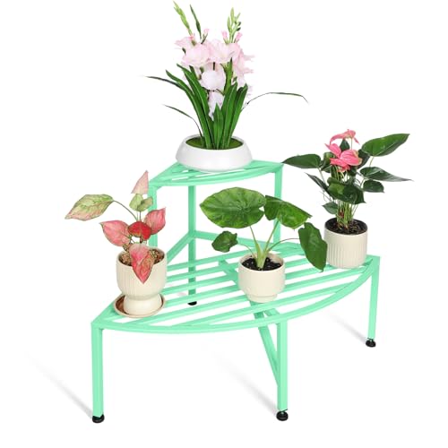 2 Tier Corner Plant Stand Outdoor Metal (Corner-Mint Green)